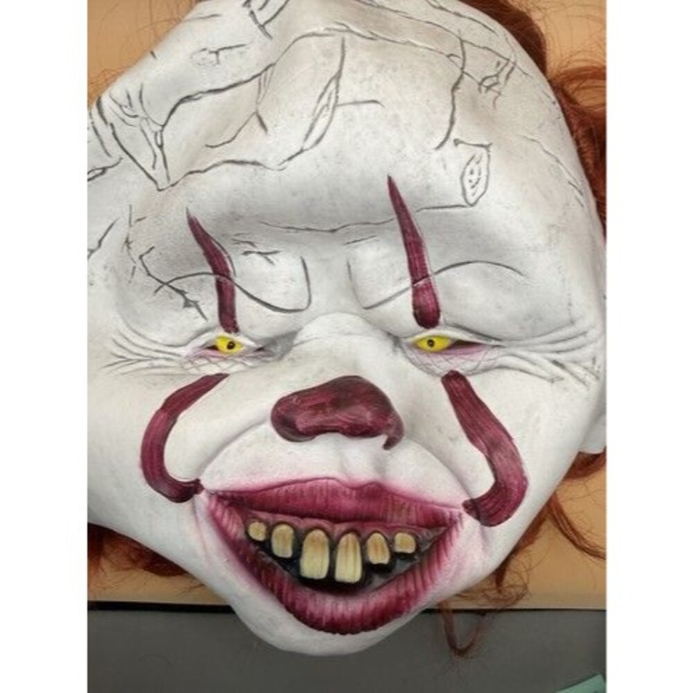 Pennywise Full Face Latex Mask w/ Attached Red Hair Wig, White/Red One Size